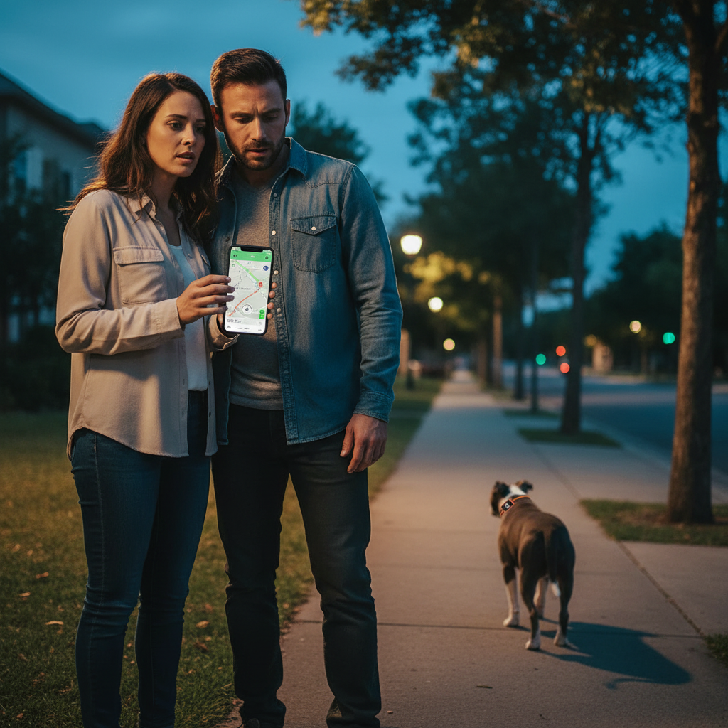 GPS Tracker — Cachorro perdido, casal rastreando